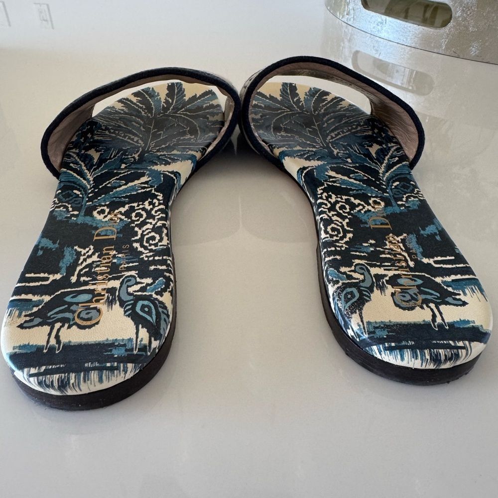 Dior Blue Cream Logo Canvas Slide Sandals Sz 6 - Picture 5 of 10